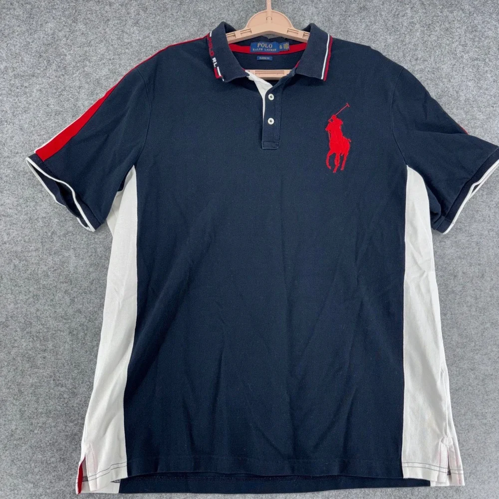 Polo Ralph Lauren Mens XL Big Pony Polo Shirt Navy Blue White Red Classic Fit